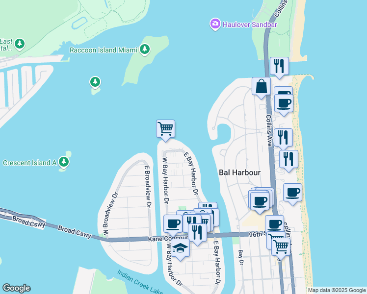 map of restaurants, bars, coffee shops, grocery stores, and more near 10301 East Bay Harbor Drive in Bay Harbor Islands