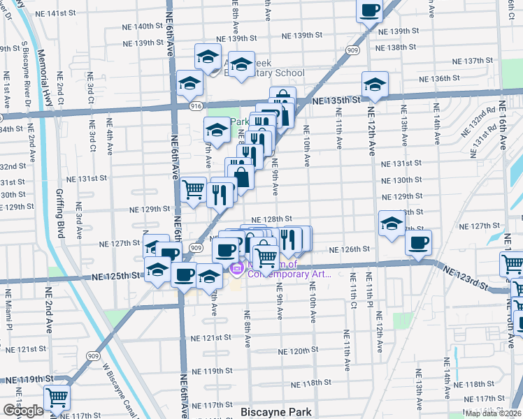 map of restaurants, bars, coffee shops, grocery stores, and more near 879 Northeast 129th Street in North Miami