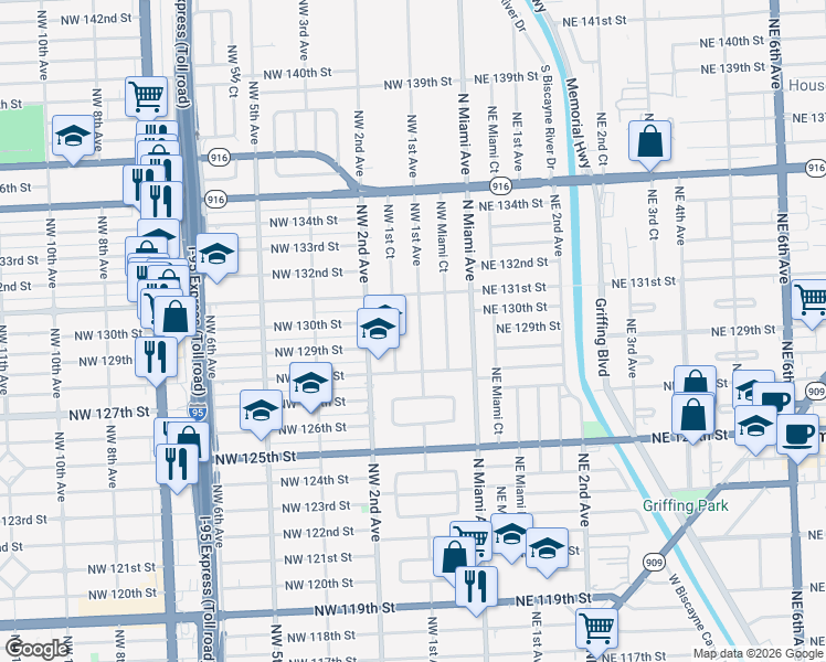 map of restaurants, bars, coffee shops, grocery stores, and more near 13025 Northwest 1st Avenue in Miami