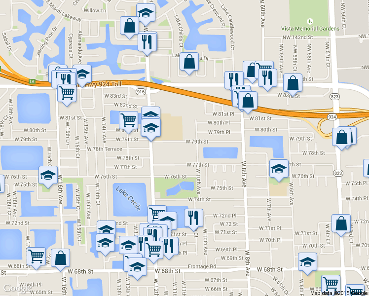 map of restaurants, bars, coffee shops, grocery stores, and more near 1100 West 79th Street in Hialeah