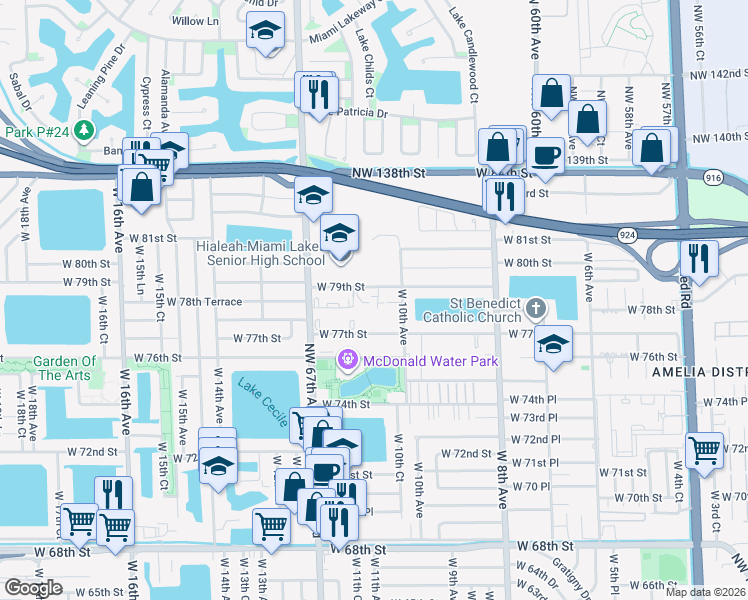 map of restaurants, bars, coffee shops, grocery stores, and more near 1100 West 79th Street in Hialeah