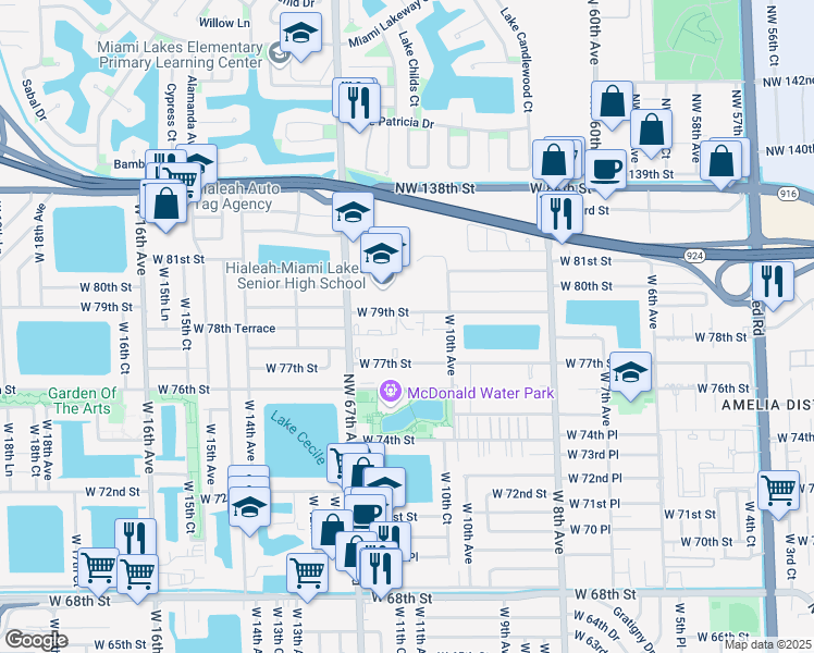 map of restaurants, bars, coffee shops, grocery stores, and more near 1100 West 79th Street in Hialeah