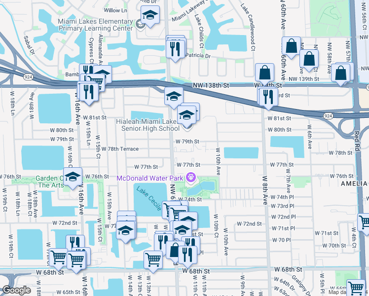 map of restaurants, bars, coffee shops, grocery stores, and more near 7977 West 12th Avenue in Hialeah