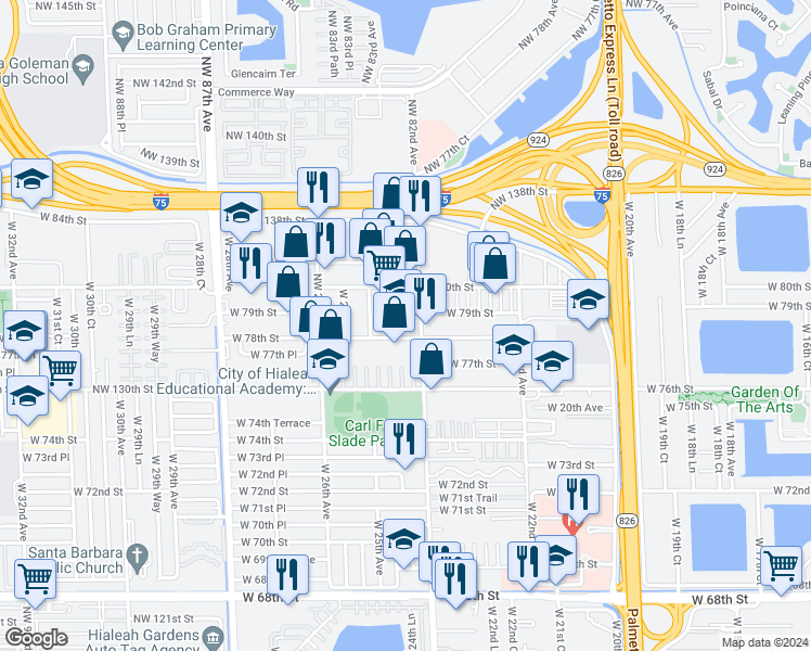 map of restaurants, bars, coffee shops, grocery stores, and more near 9490 Northwest 82nd Avenue in Hialeah