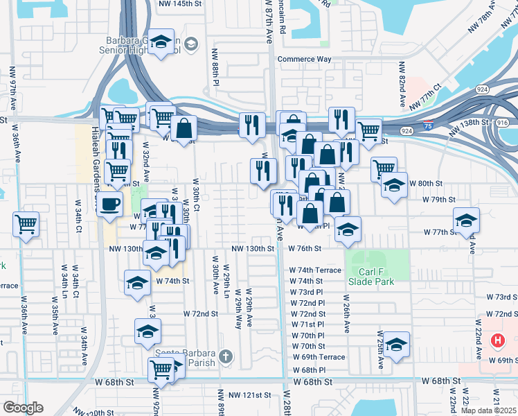 map of restaurants, bars, coffee shops, grocery stores, and more near 2860 West 80th Street in Hialeah
