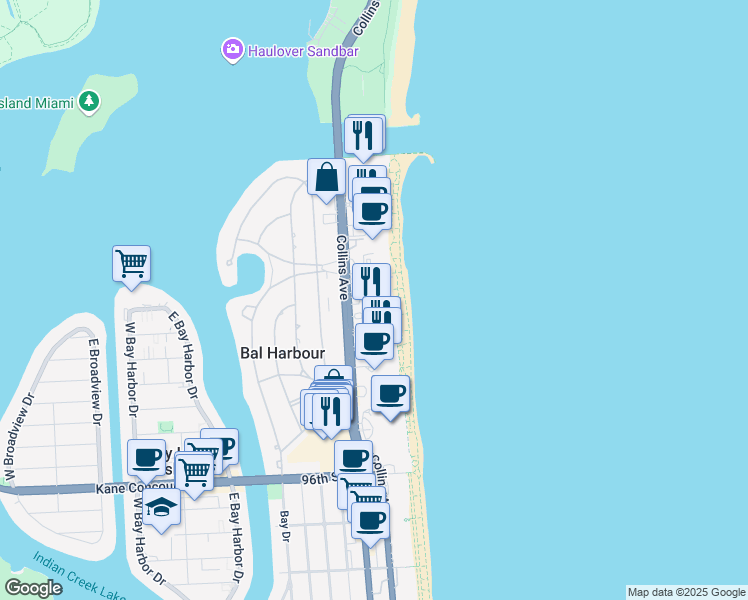 map of restaurants, bars, coffee shops, grocery stores, and more near 10185 Collins Avenue in Bal Harbour