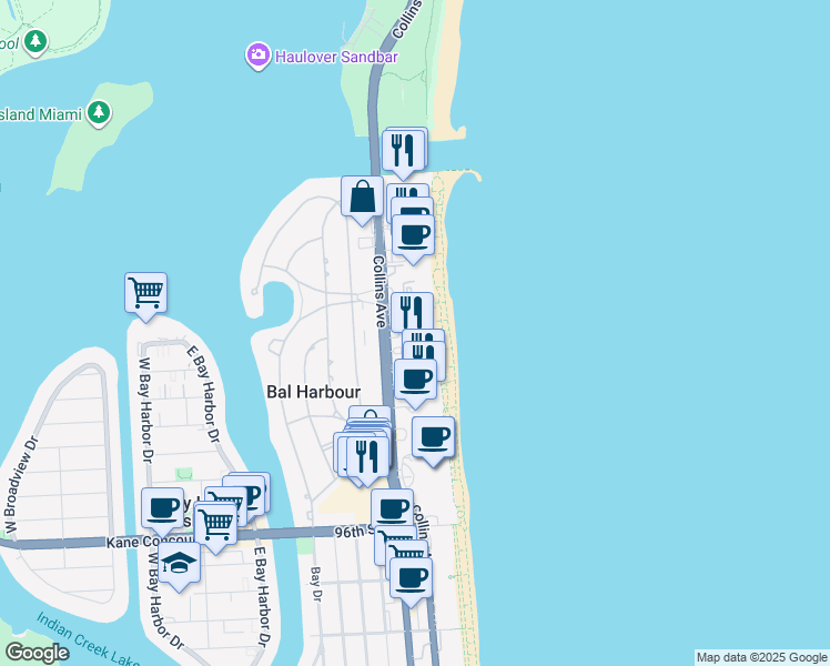 map of restaurants, bars, coffee shops, grocery stores, and more near 10185 Collins Avenue in Bal Harbour