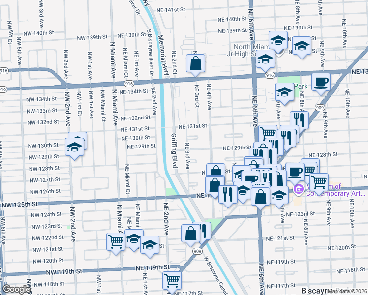 map of restaurants, bars, coffee shops, grocery stores, and more near 12960 Northeast 3rd Avenue in North Miami