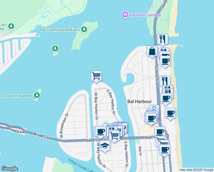 map of restaurants, bars, coffee shops, grocery stores, and more near 10301 East Bay Harbor Drive in Bay Harbor Islands