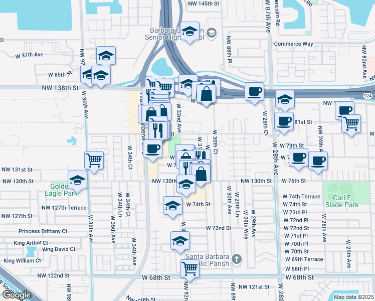 map of restaurants, bars, coffee shops, grocery stores, and more near 3166 West 79th Place in Hialeah