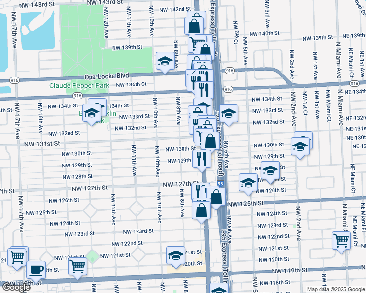 map of restaurants, bars, coffee shops, grocery stores, and more near 13005 Northwest 8th Avenue in North Miami