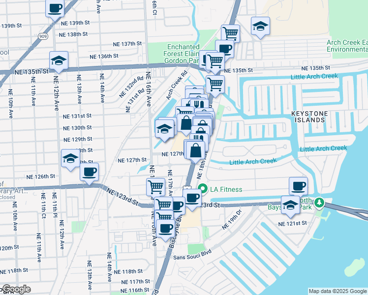 map of restaurants, bars, coffee shops, grocery stores, and more near 1755 Northeast 127th Street in North Miami