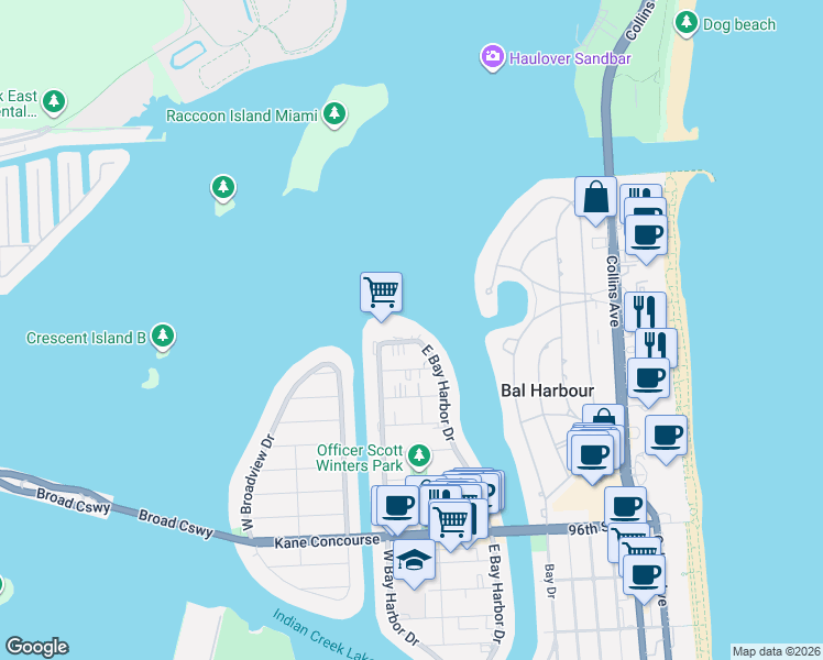map of restaurants, bars, coffee shops, grocery stores, and more near 1155 103rd Street in Miami Beach