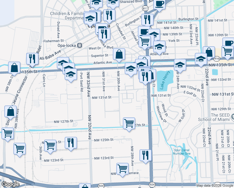 map of restaurants, bars, coffee shops, grocery stores, and more near 2924 Northwest 132nd Terrace in Opa-locka