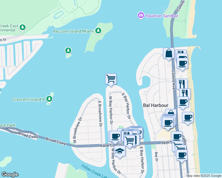 map of restaurants, bars, coffee shops, grocery stores, and more near 1155 103rd Street in Miami Beach