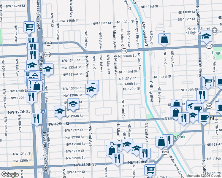 map of restaurants, bars, coffee shops, grocery stores, and more near 13000 North Miami Avenue in Miami