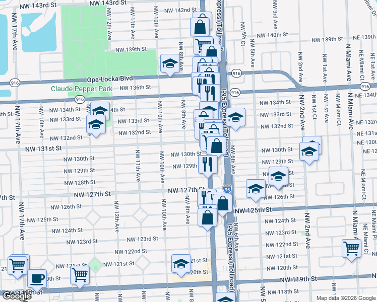 map of restaurants, bars, coffee shops, grocery stores, and more near 770 Northwest 131st Street in North Miami