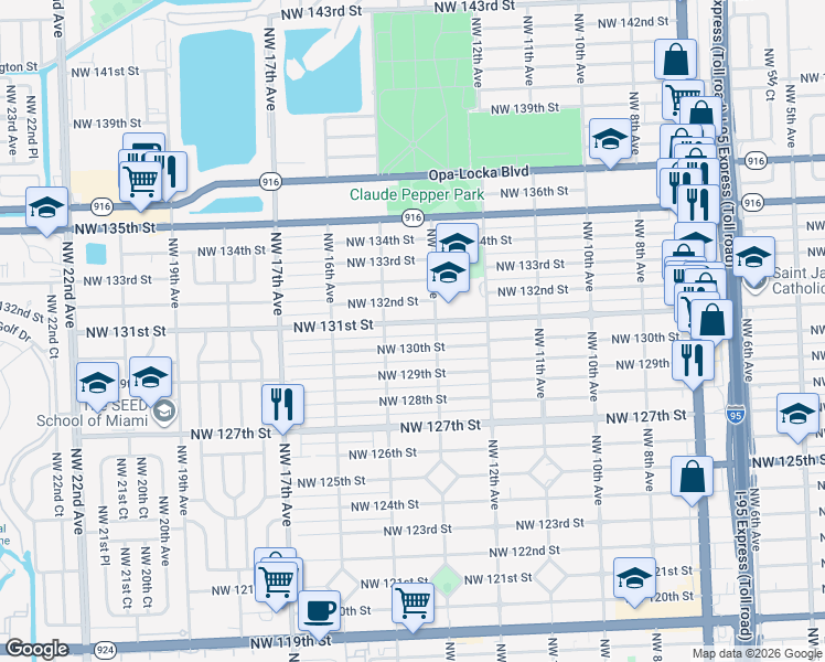 map of restaurants, bars, coffee shops, grocery stores, and more near 1301 Northwest 131st Street in North Miami