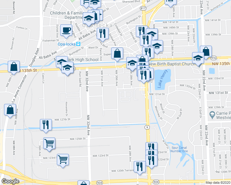 map of restaurants, bars, coffee shops, grocery stores, and more near 2924 Northwest 132nd Terrace in Opa-locka