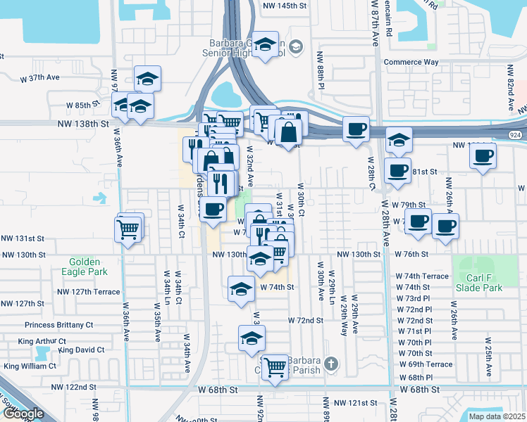 map of restaurants, bars, coffee shops, grocery stores, and more near 3166 West 79th Place in Hialeah