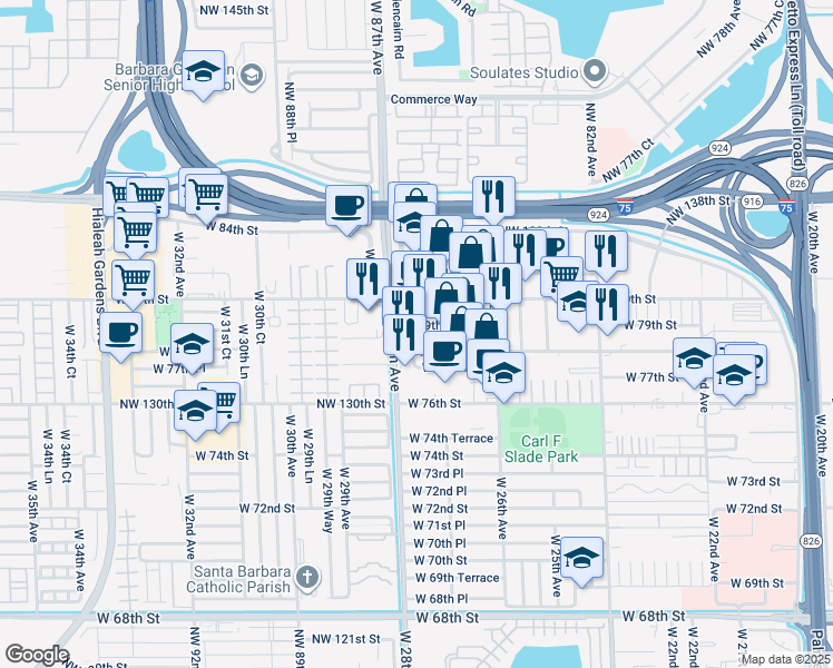 map of restaurants, bars, coffee shops, grocery stores, and more near 2739 West 79th Street in Hialeah