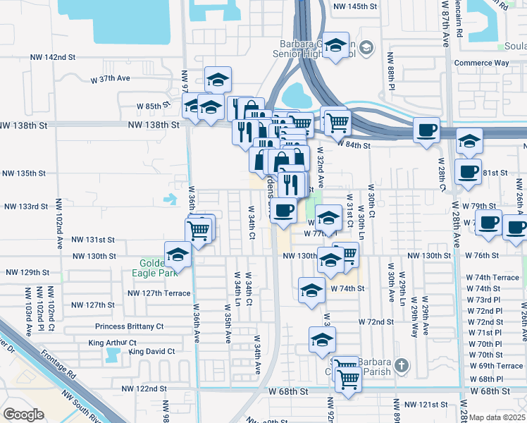 map of restaurants, bars, coffee shops, grocery stores, and more near 3388 West 80th Street in Hialeah