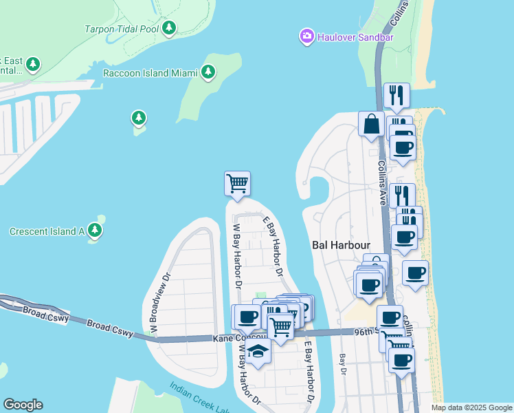 map of restaurants, bars, coffee shops, grocery stores, and more near 10301 East Bay Harbor Drive in Bay Harbor Islands
