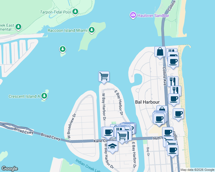 map of restaurants, bars, coffee shops, grocery stores, and more near 1155 103rd Street in Miami Beach