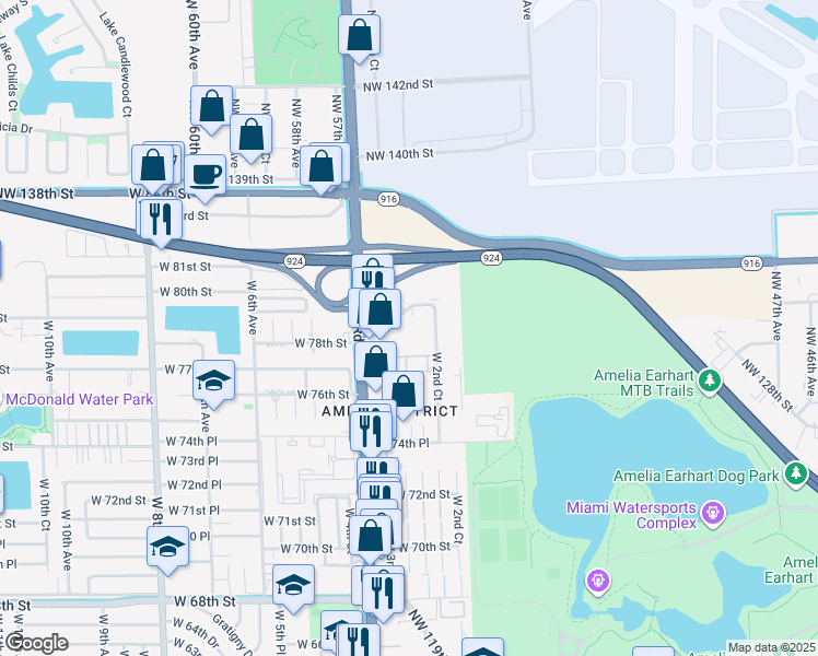 map of restaurants, bars, coffee shops, grocery stores, and more near 345 West 78th Road in Hialeah
