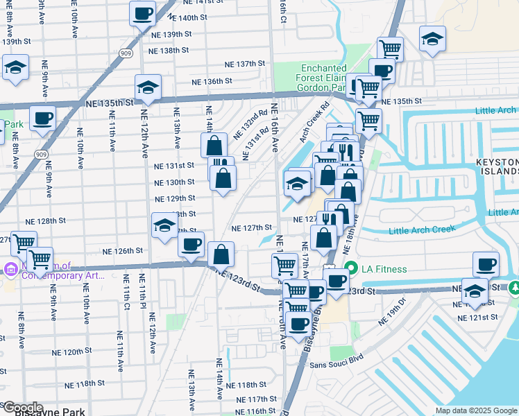 map of restaurants, bars, coffee shops, grocery stores, and more near 1540 Northeast 129th Street in North Miami