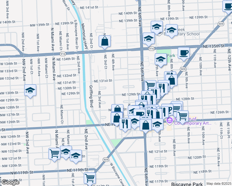 map of restaurants, bars, coffee shops, grocery stores, and more near 12995 Northeast 4th Avenue in North Miami