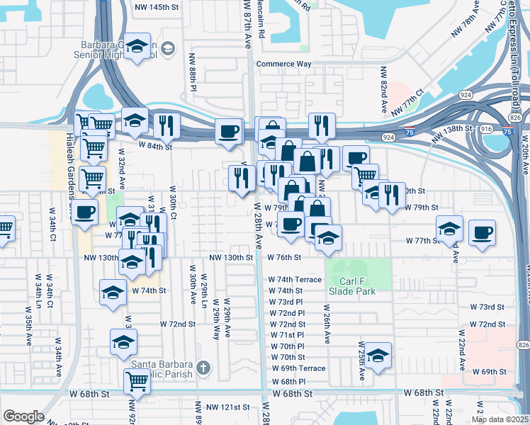 map of restaurants, bars, coffee shops, grocery stores, and more near 7975 West 28th Avenue in Hialeah