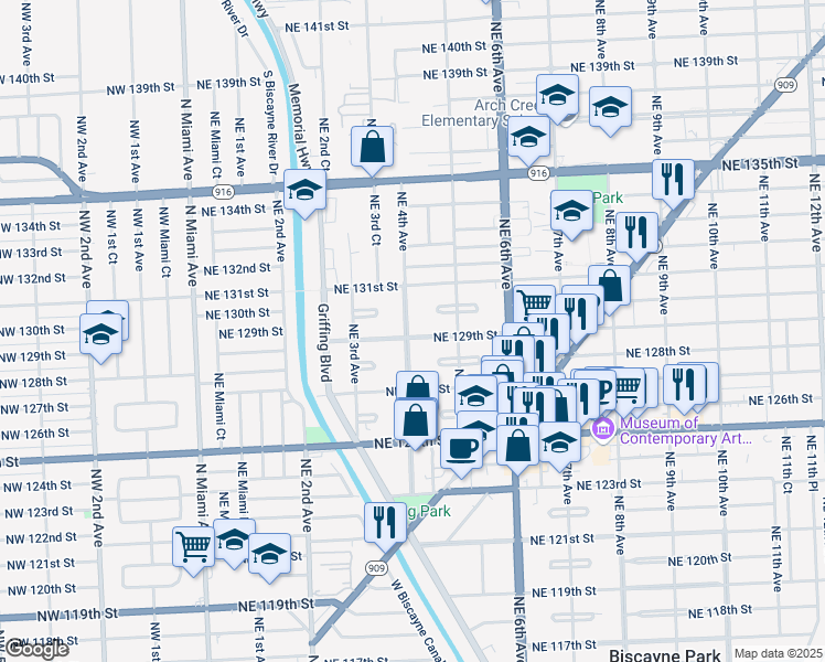 map of restaurants, bars, coffee shops, grocery stores, and more near 12995 Northeast 4th Avenue in North Miami