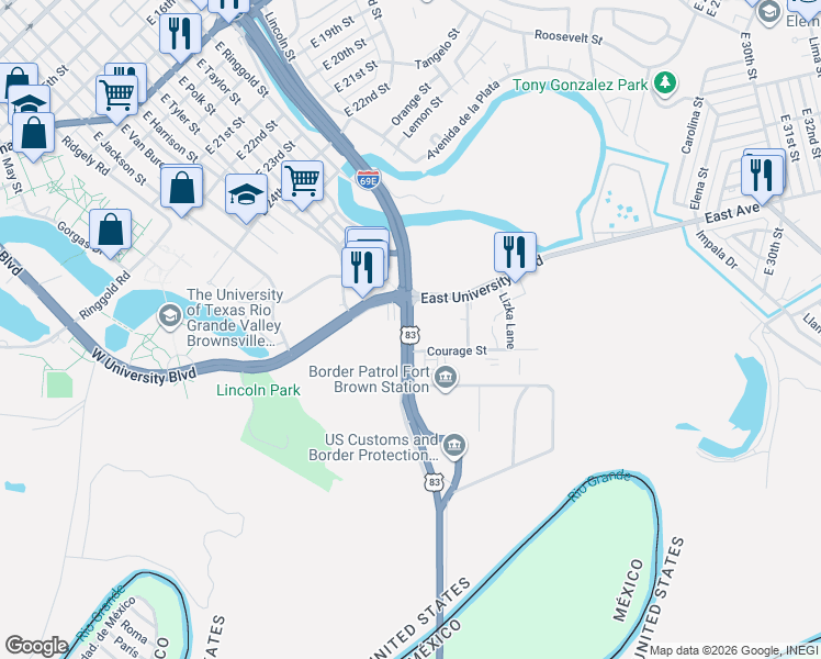 map of restaurants, bars, coffee shops, grocery stores, and more near 1851 U.S. 77 in Brownsville