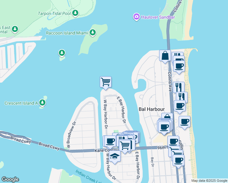 map of restaurants, bars, coffee shops, grocery stores, and more near 1155 103rd Street in Miami Beach