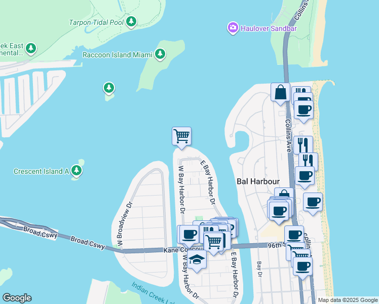 map of restaurants, bars, coffee shops, grocery stores, and more near 1155 103rd Street in Miami Beach