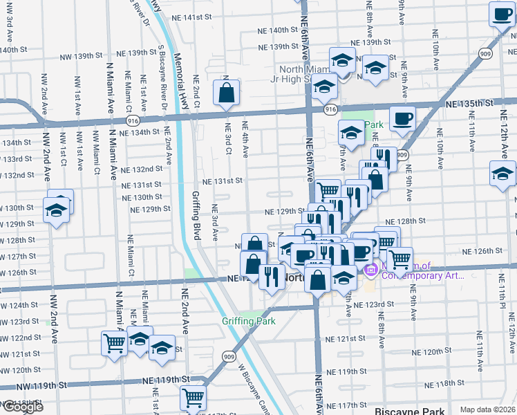 map of restaurants, bars, coffee shops, grocery stores, and more near 12995 Northeast 4th Avenue in North Miami
