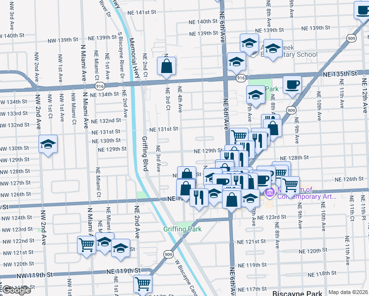 map of restaurants, bars, coffee shops, grocery stores, and more near 12995 Northeast 4th Avenue in North Miami