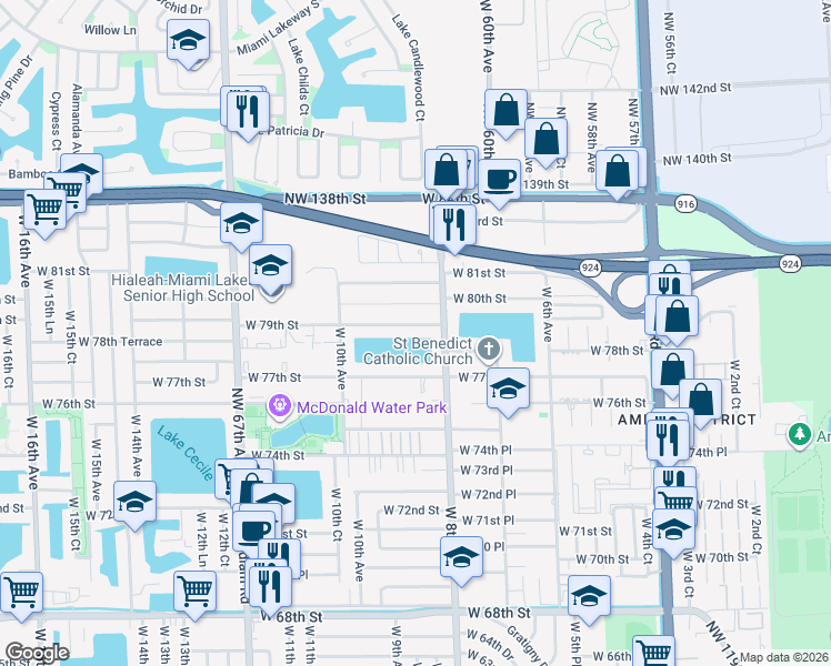 map of restaurants, bars, coffee shops, grocery stores, and more near 831 West 79th Street in Hialeah