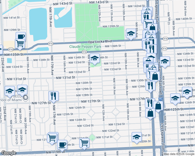 map of restaurants, bars, coffee shops, grocery stores, and more near 1230 Northwest 131st Street in North Miami