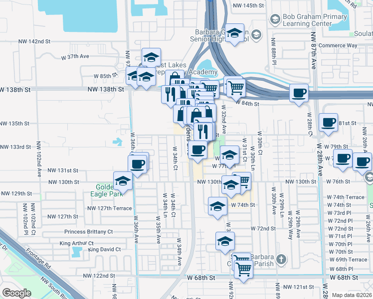 map of restaurants, bars, coffee shops, grocery stores, and more near 3388 West 80th Street in Hialeah