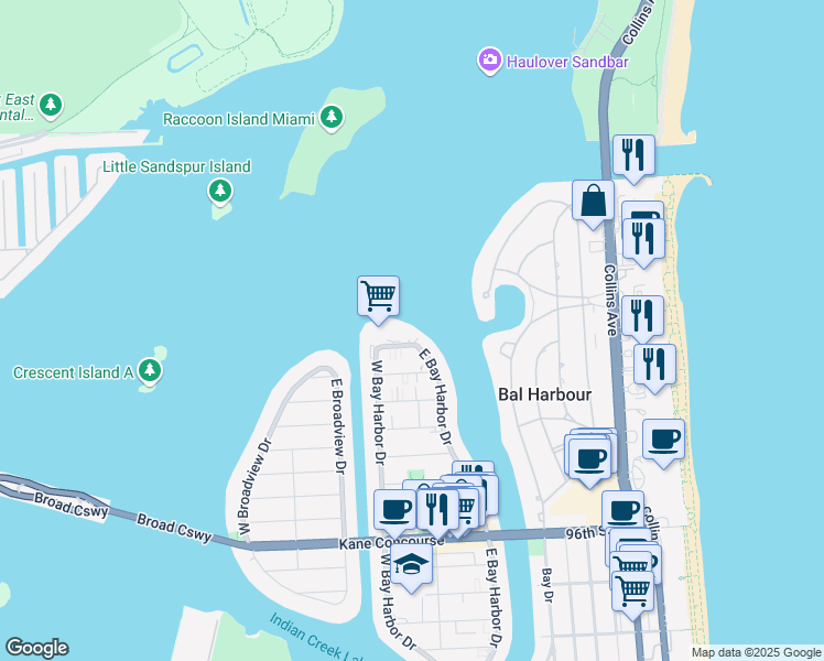 map of restaurants, bars, coffee shops, grocery stores, and more near 10301 East Bay Harbor Drive in Bay Harbor Islands
