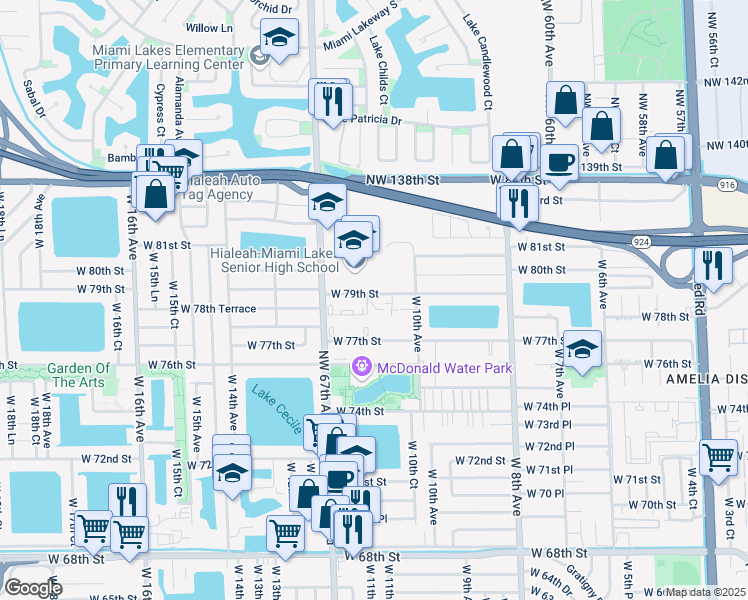 map of restaurants, bars, coffee shops, grocery stores, and more near 1100 West 79th Street in Hialeah