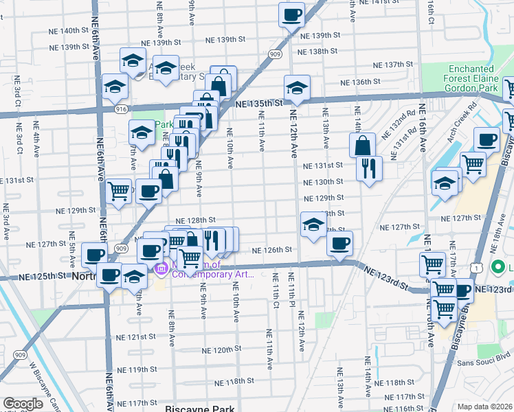 map of restaurants, bars, coffee shops, grocery stores, and more near 1080 Northeast 129th Street in North Miami