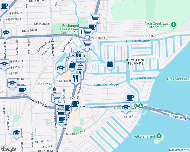 map of restaurants, bars, coffee shops, grocery stores, and more near 12900 Auralia Road in North Miami