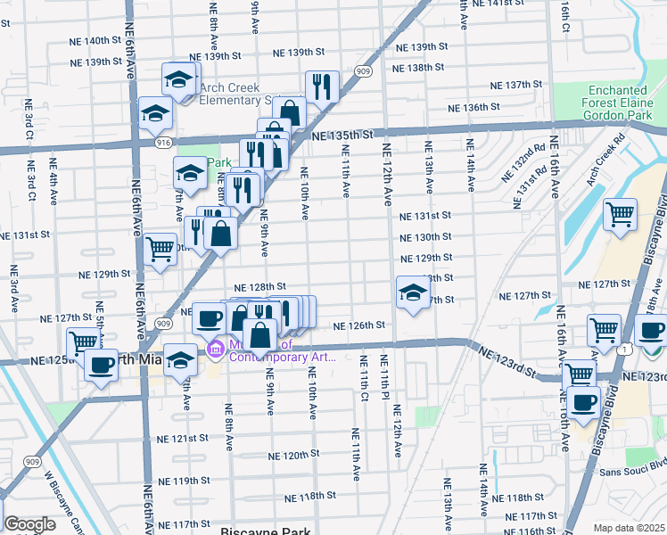 map of restaurants, bars, coffee shops, grocery stores, and more near 1025 Northeast 129th Street in North Miami