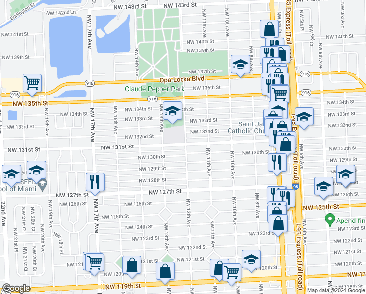 map of restaurants, bars, coffee shops, grocery stores, and more near 1230 Northwest 131st Street in North Miami