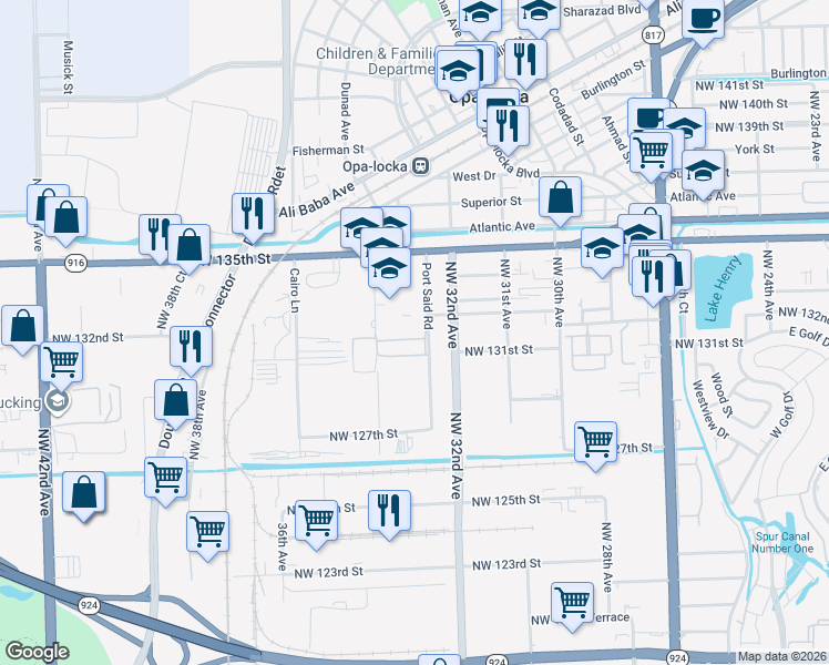 map of restaurants, bars, coffee shops, grocery stores, and more near 13240 Port Said Road in Opa-locka