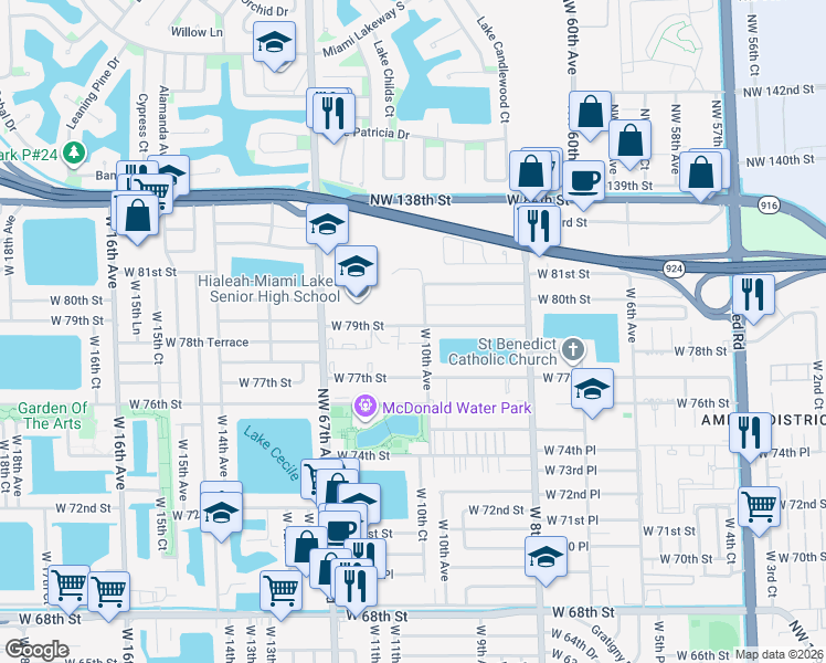 map of restaurants, bars, coffee shops, grocery stores, and more near 999 West 79th Street in Hialeah