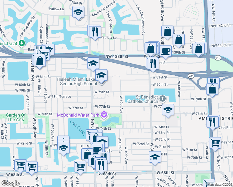 map of restaurants, bars, coffee shops, grocery stores, and more near 999 West 79th Street in Hialeah